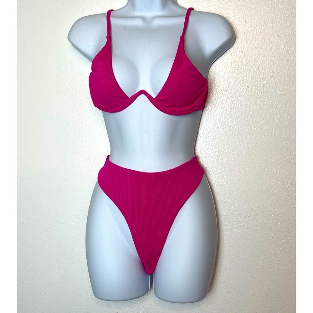 Bright Pink Bikini with Structured Top and High Cut Thigh Bottom